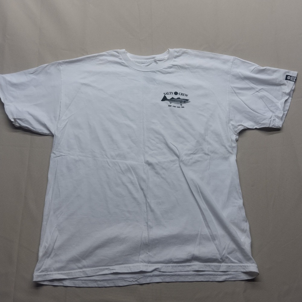 Salty Crew Mens XL White Striped Bass Graphic T-Shirt Short Sleeve Cotton Tee